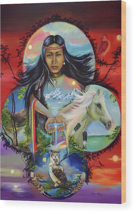 Native American Woman Wood Print featuring the painting Sky Woman by Sue Clyne
