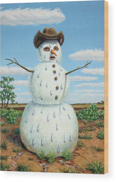 Snowman Wood Print featuring the mixed media Snowman In Texas by James W. Johnson