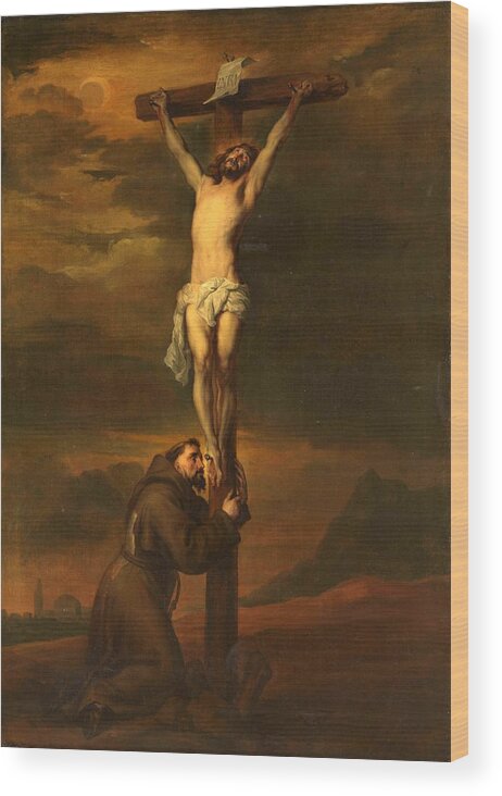 Christ Wood Print featuring the painting St Francis at the Foot of the Cross by Vincent Monozlay