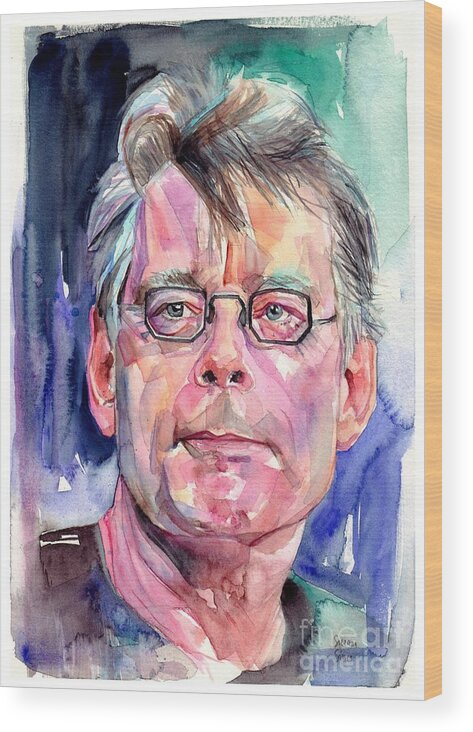 Stephen King Wood Print featuring the painting Stephen King Portrait by Suzann Sines