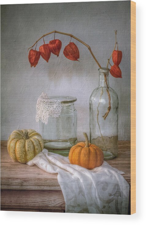 Still-life Wood Print featuring the photograph Still Life With Physalis And Pumpkin by Mandy Disher