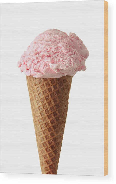 White Background Wood Print featuring the photograph Strawberry Ice Cream Cone On White by Kevinruss