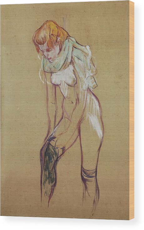 Henri De Toulouse-lautrec Wood Print featuring the drawing Study for andquot, Woman putting on her stockingandquot,, 1894 Essence on board, 61,5 x 44,5 cm. by Henri de Toulouse Lautrec -1864-1901-