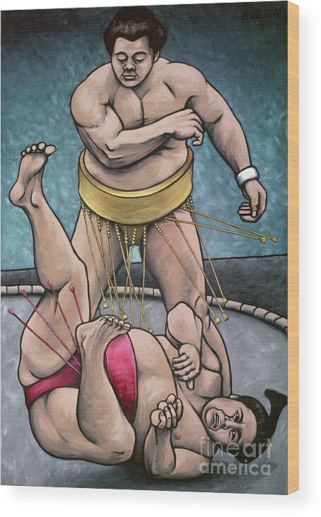 Sumo Wood Print featuring the painting sumo paintings - Sumo Wrestlers III by Sharon Hudson