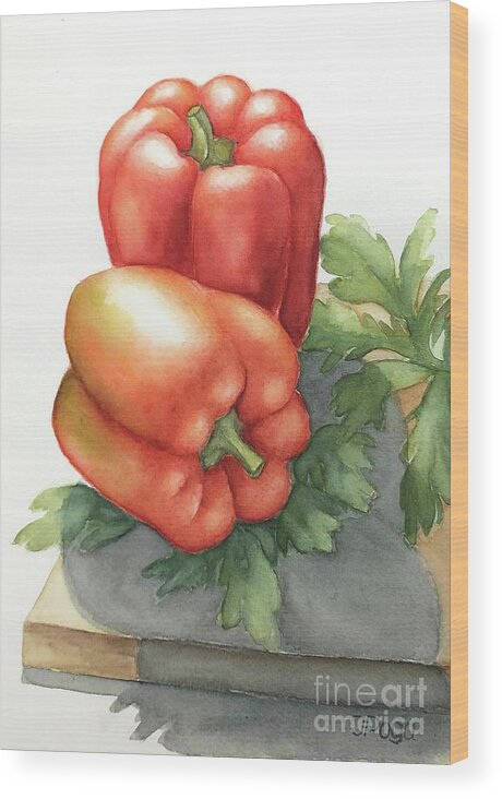 Still Life Wood Print featuring the painting Sweet red peppers by Inese Poga