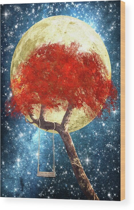 Swing Under A Golden Moonlight Wood Print featuring the mixed media Swing Under A Golden Moonlight by Diogo Ver?ssimo
