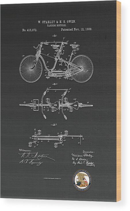 Helmet Wood Print featuring the digital art Tandem Bicycle Patent Drawing by Carlos Diaz