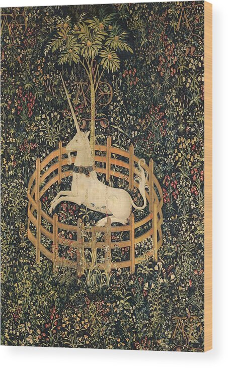 The Unicorn In Captivity Wood Print featuring the painting The Unicorn In Captivity by Vintage Art