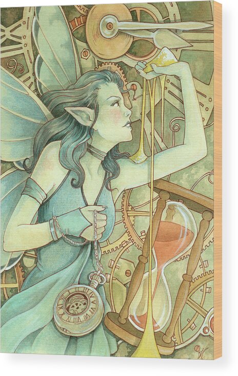 Time Tangler Fae Wood Print featuring the painting Time Tangler Fae by Linda Ravenscroft