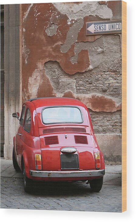 Number 500 Wood Print featuring the photograph Tiny Red Vintage Car Parked In Rome by Romaoslo