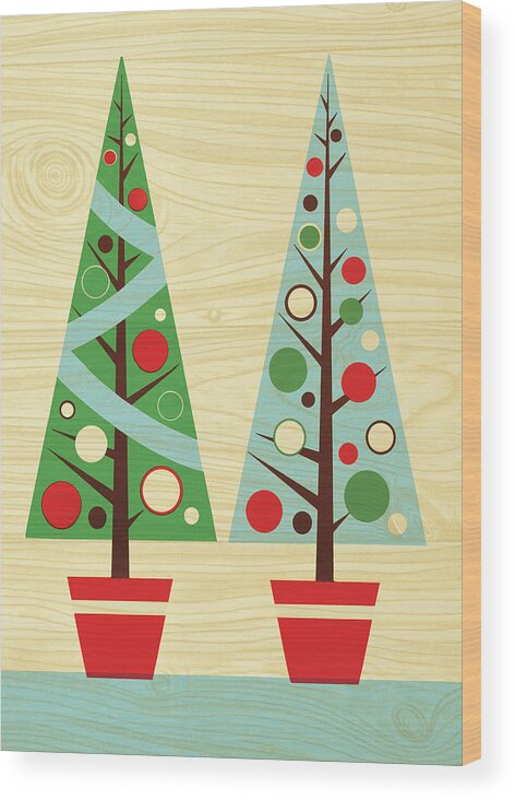 Abstract Wood Print featuring the drawing Two Christmas Trees on Wood Paneling by CSA Images