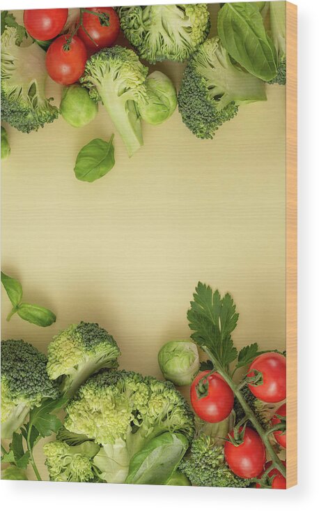 Ip_13176362 Wood Print featuring the photograph Vegetables Food Pattern Made Of Broccoli, Brussels Sprouts, Tomatoes, Herbs by Olena Yeromenko