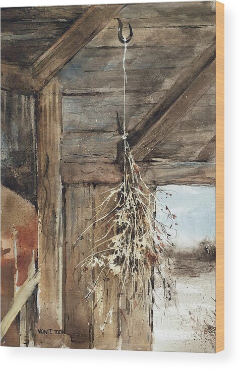 A Clump Of Dried Grasses Hangs From A String Inside A Weathered Barn In Jamestown.  Wood Print featuring the painting Winter Bouquet by Monte Toon
