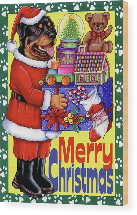 Xmas Rottweiler Wood Print featuring the mixed media Xmas Rottweiler by Tomoyo Pitcher