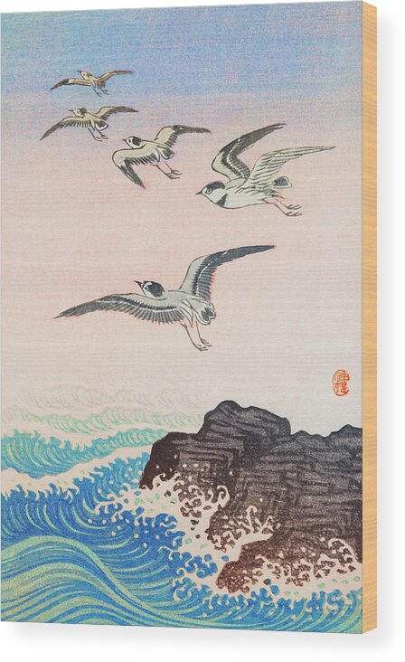 Art Wood Print featuring the painting Five seagulls above the sea #1 by Ohara Koson