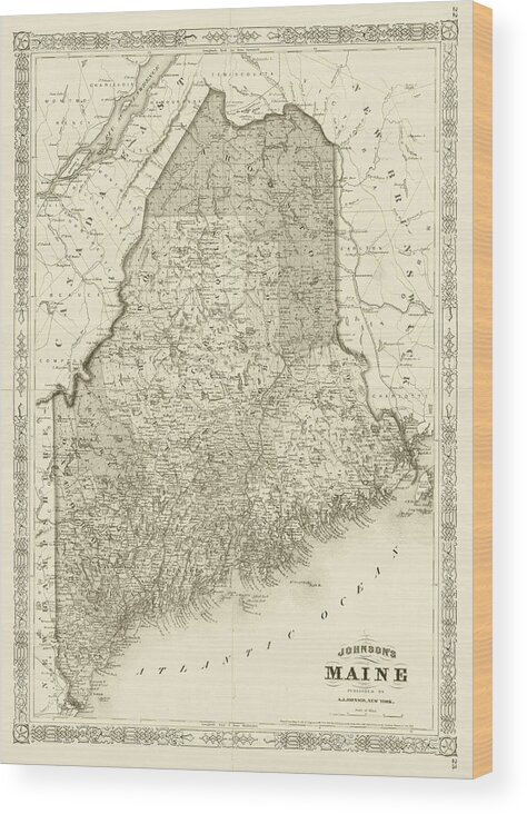 Maine Wood Print featuring the photograph 1866 Maine Map Historical Map New England Sepia by Toby McGuire