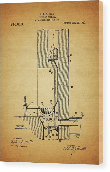 1910 Fireplace Furnace Patent Wood Print featuring the drawing 1910 Fireplace Furnace Patent by Dan Sproul