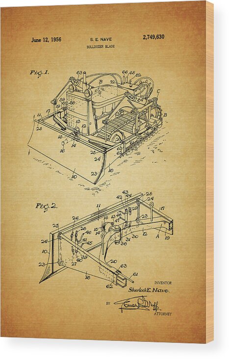1956 Bulldozer Patent Wood Print featuring the drawing 1956 Bulldozer Patent by Dan Sproul