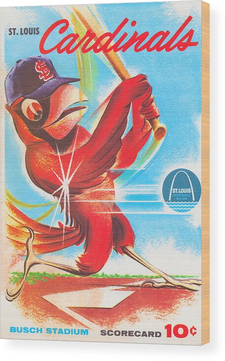 Bird Wood Print featuring the mixed media 1964 St. Louis Cardinals Scorecard Art by Row One Brand