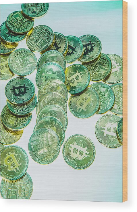 Trading Wood Print featuring the photograph Physical version of Bitcoin coin aka virtual money. #5 by David Trood
