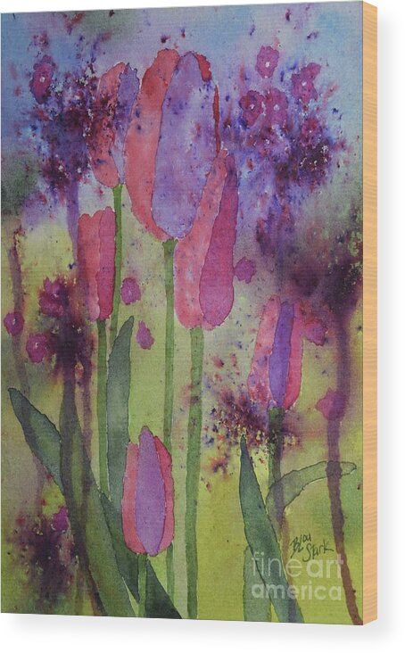 Barrieloustark Wood Print featuring the painting #649 Purple Tulip Dreams #649 by Barrie Stark