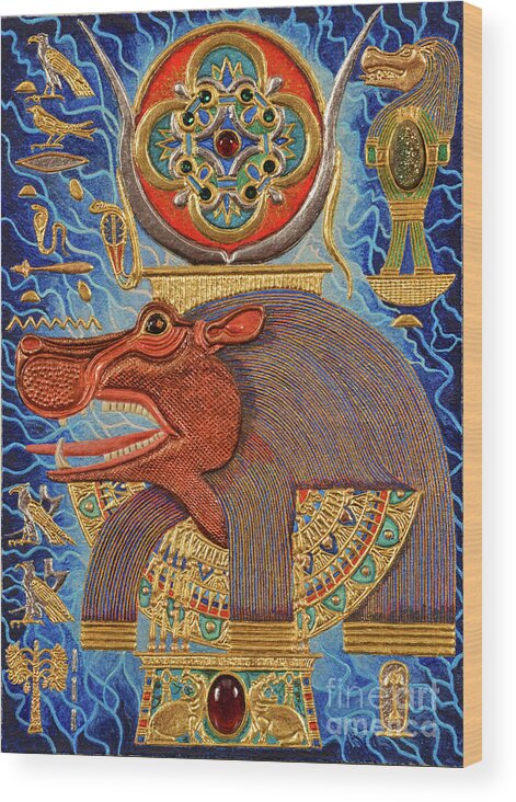 Ancient Wood Print featuring the mixed media Akem-Shield of Taweret Who Belongs to the Doum Palm by Ptahmassu Nofra-Uaa
