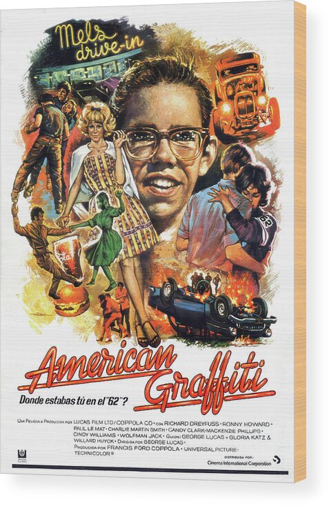 Quibus Wood Print featuring the mixed media ''American Graffiti'', 1973 - art by Macario Quibus by Movie World Posters