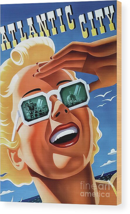 Atlantic Wood Print featuring the drawing Atlantic City Retro Travel Poster 1946 by M G Whittingham