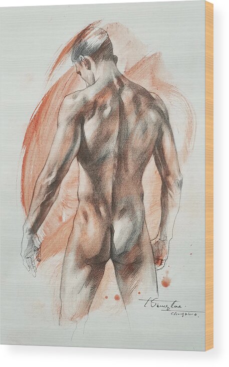 Male Nude Wood Print featuring the drawing Back of male nude #20121 by Hongtao Huang