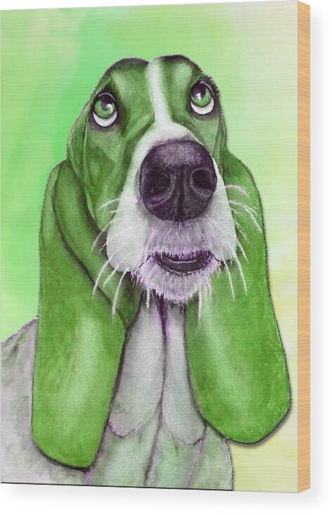 Basset Hound Wood Print featuring the mixed media Basset Hound Goes Green by Kelly Mills