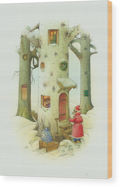 Christmas Wood Print featuring the painting Bears Christmas by Kestutis Kasparavicius
