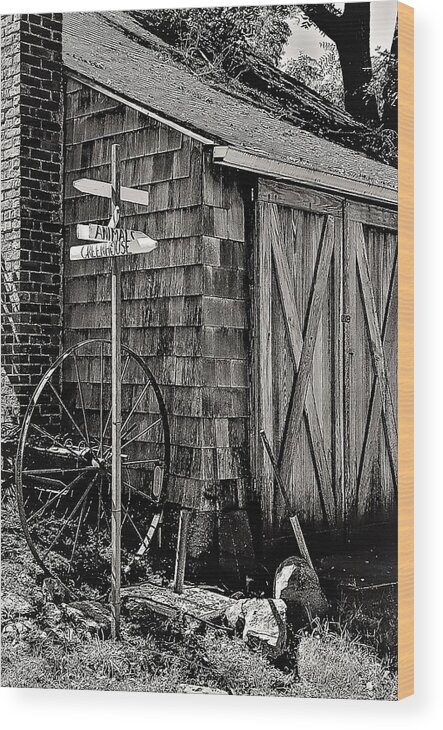  Barn Wheel Sign Dwelling Door Black White Wood Print featuring the photograph Benner's Farm by John Linnemeyer