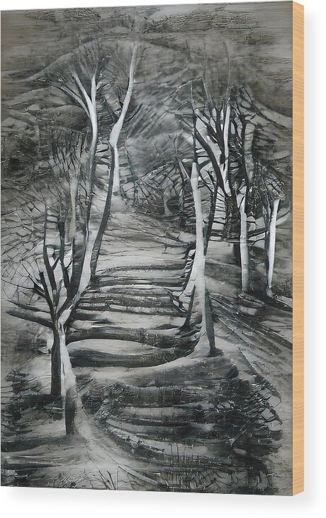 Landscape Wood Print featuring the painting Black and White Landscape 01 by AM FineArtPrints