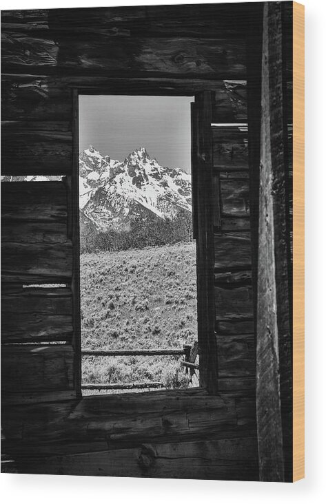 Barn Window Mountain View Wood Print featuring the photograph Black And White Mountain View Barn Window by Dan Sproul