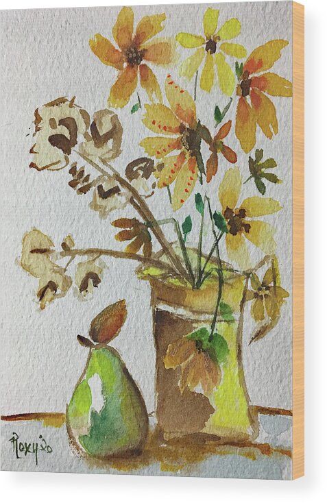 Still Life Wood Print featuring the painting Black eyed Susans and a Pear by Roxy Rich