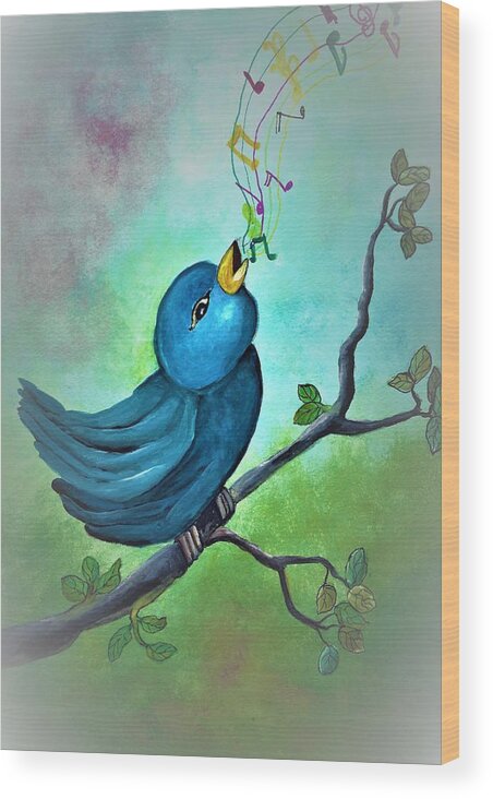 Bird Wood Print featuring the painting Blue bird singing by Tara Krishna