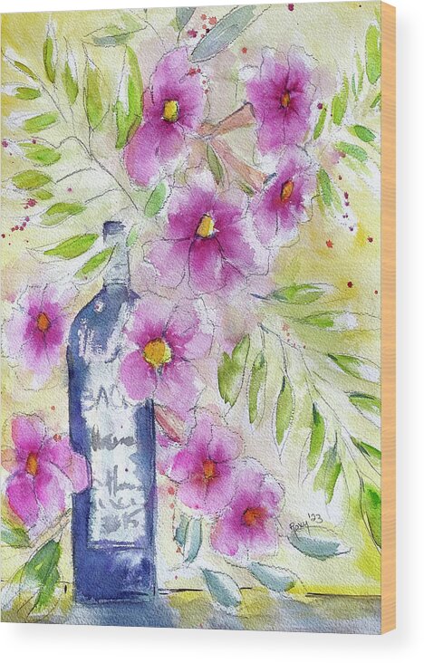 Wine Bottle Wood Print featuring the painting Bottle and Blooms by Roxy Rich