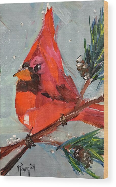 Cardinal Wood Print featuring the painting Cardinal in a Fir Tree by Roxy Rich
