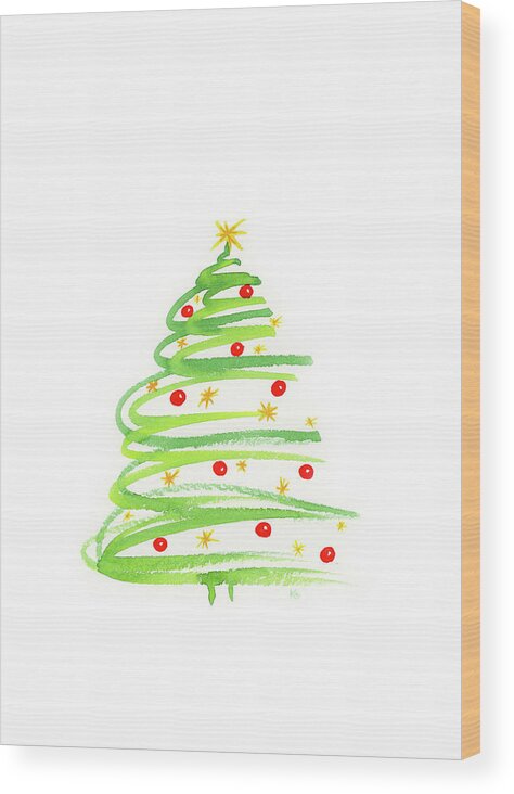 Christmas Wood Print featuring the painting Christmas tree with decoration by Karen Kaspar