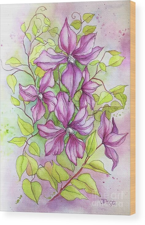 Clematis Wood Print featuring the painting Clematis by Inese Poga