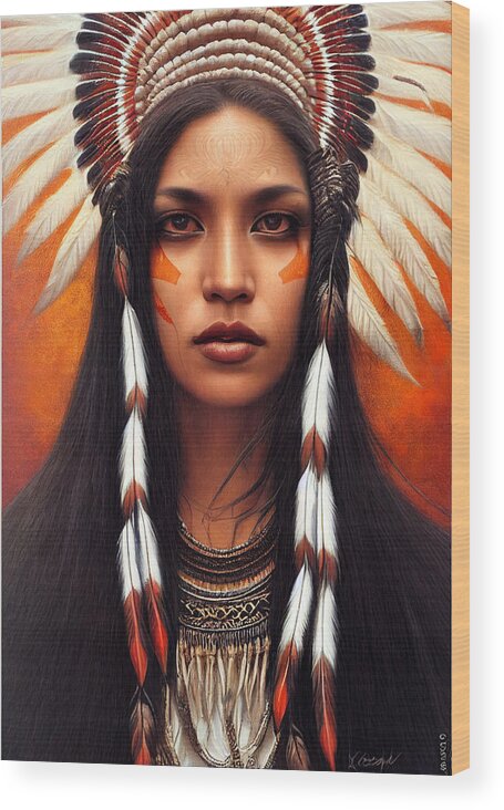 Beautiful Wood Print featuring the painting Closeup Portrait Of Beautiful Native American Wom 44777eb4 86ef 451e 8412 15e4cf2e6574 by MotionAge Designs
