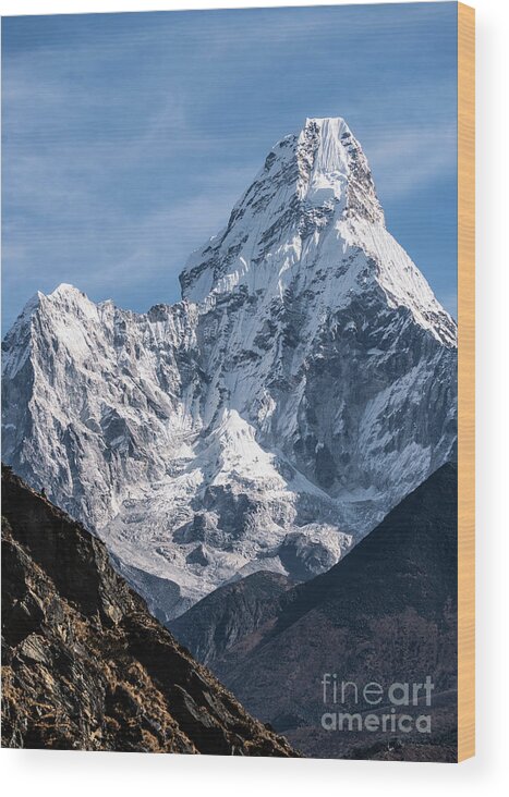 Ama Dablam Wood Print featuring the photograph Dramatic view of the Ama Dablam peak near Namche Bazaar in the H by Didier Marti