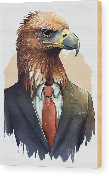 Eagle Wood Print featuring the painting Eagle in Suit Watercolor Hipster Animal Retro Costume by Jeff Creation