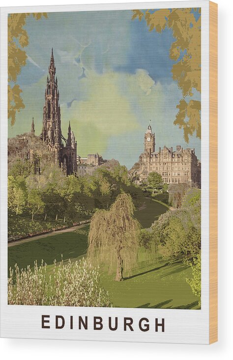Edinburgh Wood Print featuring the painting Edinburgh, Scotland, Cathedral, vintage travel poster by Long Shot