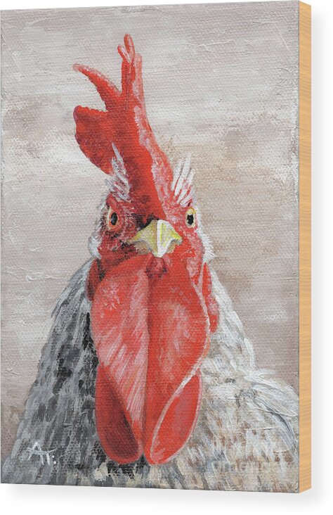 Rooster Wood Print featuring the painting EGG-scuse-me Rooster Painting by Annie Troe