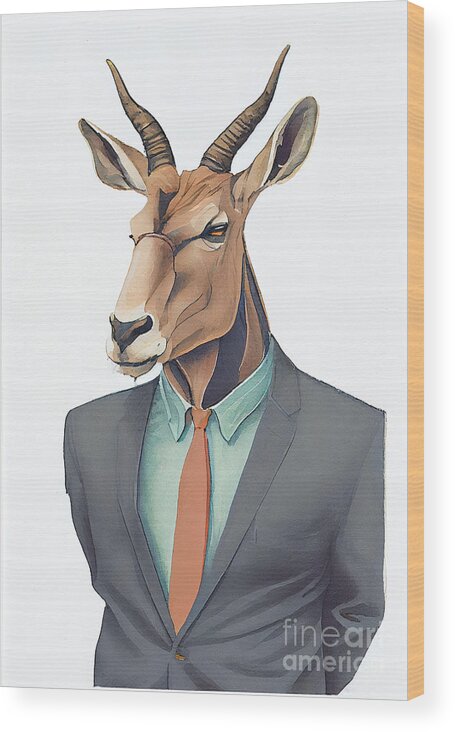 Eland Wood Print featuring the painting Eland in Suit Watercolor Hipster Animal Retro Costume by Jeff Creation