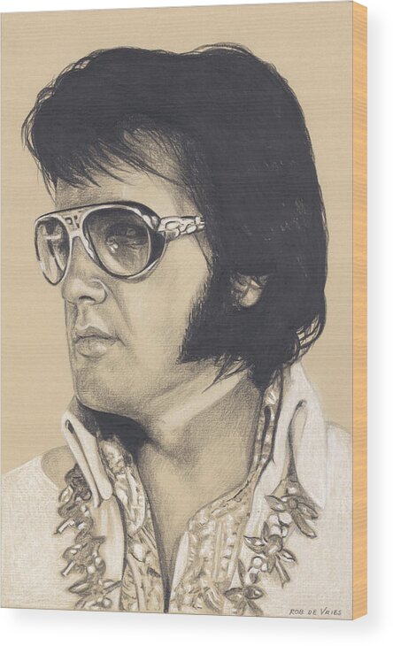 Elvis Wood Print featuring the drawing Elvis in Charcoal #266 by Rob De Vries