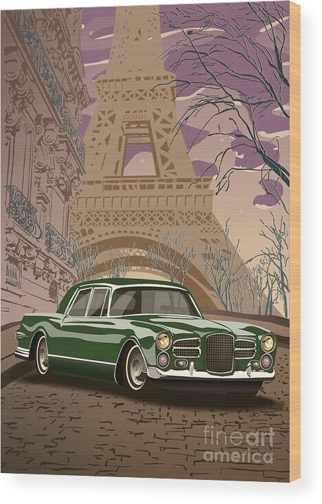 Art Deco Wood Print featuring the digital art Facel Vega - Paris est a nous. Classic Car Art Deco Style Poster Print Green Edition by Moospeed Art