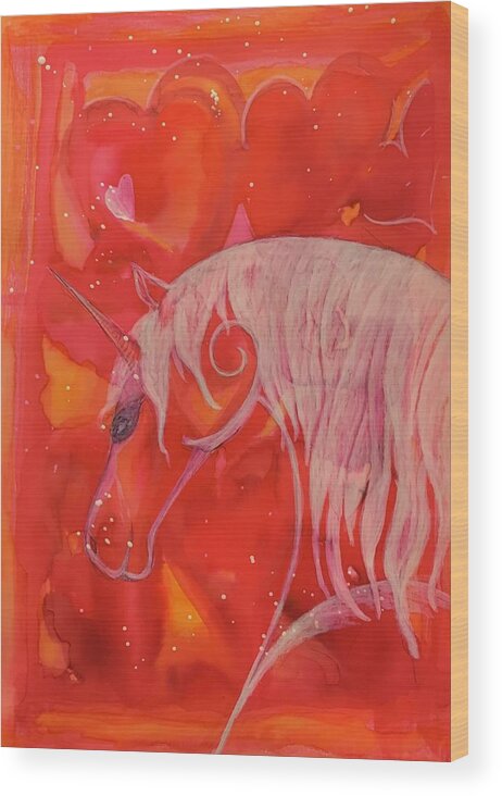 Unicorn Wood Print featuring the painting Fanciful Unicorn and Hearts by Sandy Rakowitz