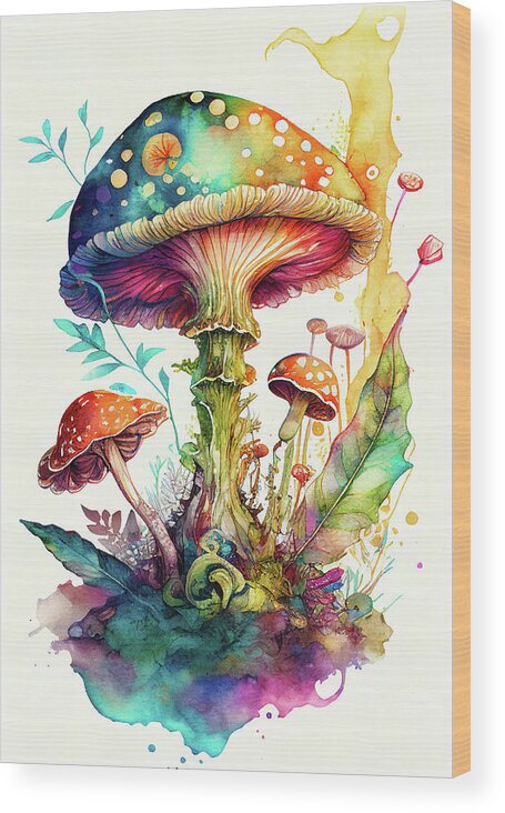 Mushroom Wood Print featuring the digital art Fantasy Mushroom Art 02 Watercolor by Matthias Hauser